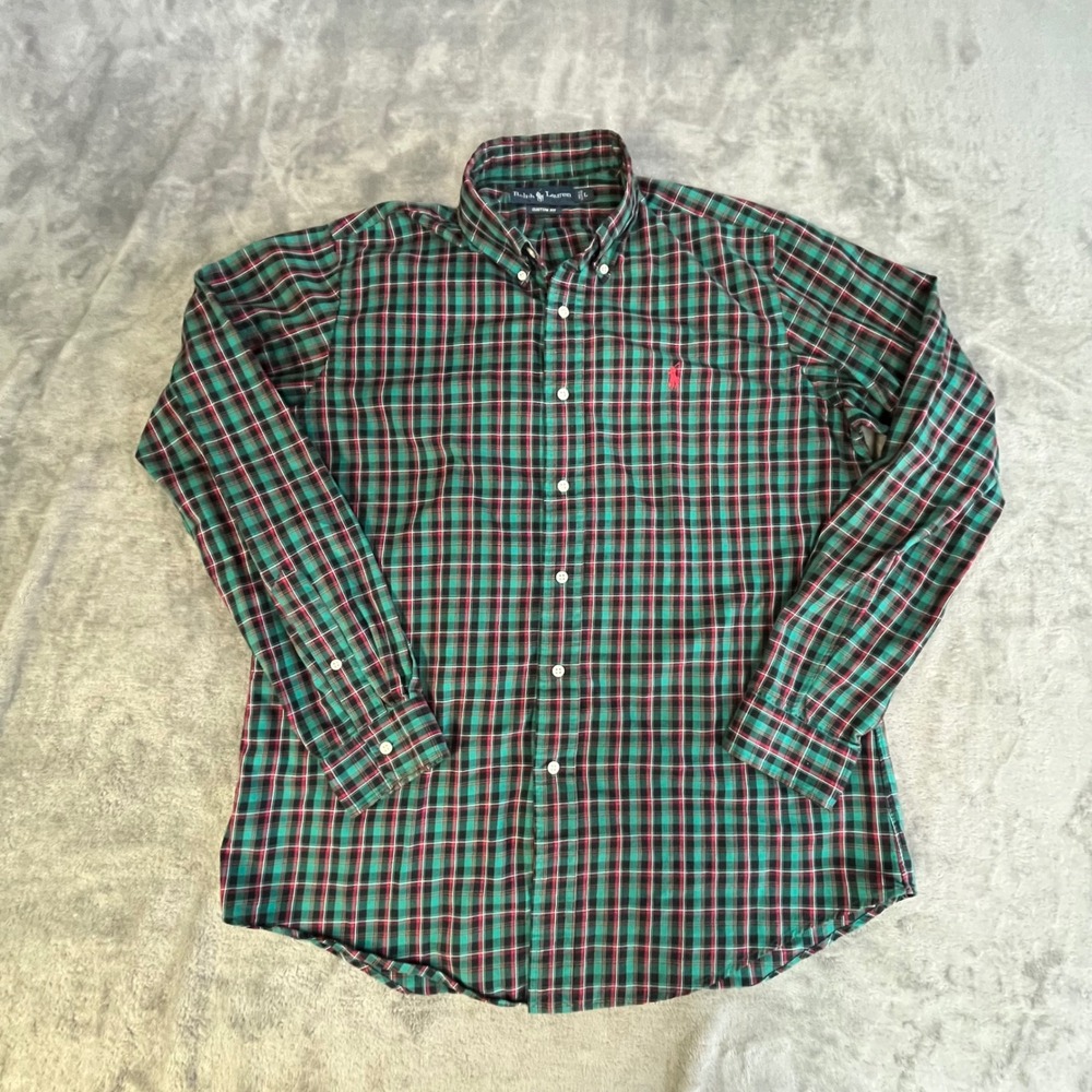 Ralph‎ Lauren Button Down Mens Large Green Plaid Custom Fit Long Sleeve Shirt